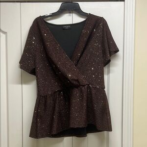 Lane Bryant Black and Shimmer Brown Striped Sequin Wrap Peplum Top Size 14/16